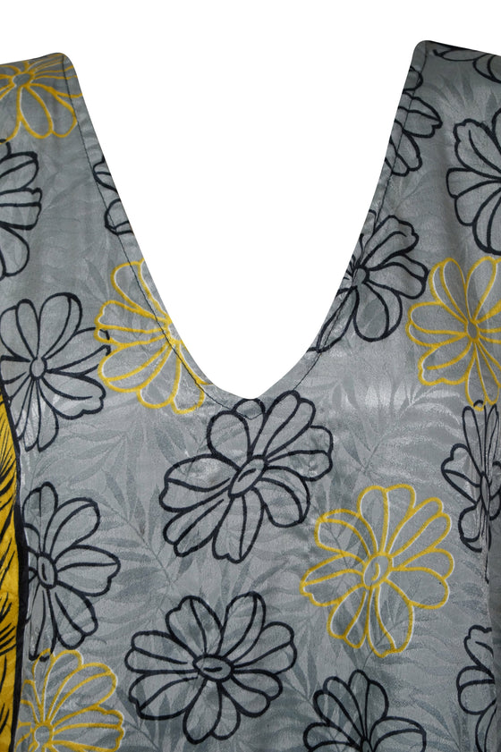 Women Gray Floral Print Short kaftan Dress, Boho Kimono Beach M-XL
