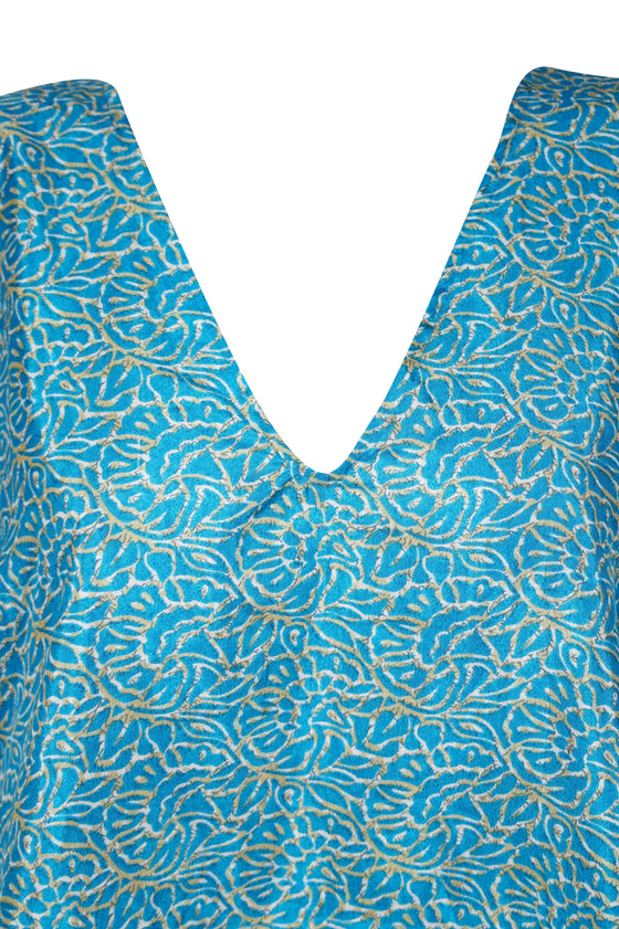 Maxi Kaftan Floral Blue Kimono Beach Caftan Silk Resort Wear 2XL