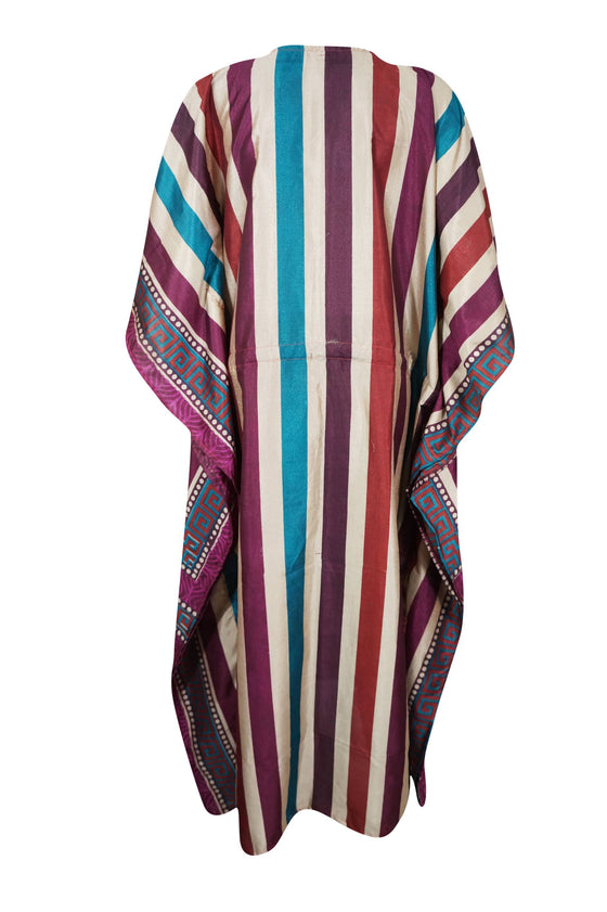 Womens Flowy Kaftan Maxi Dress, Purple ColorFul Stripe Printed Caftan, GIFT FOR MOM, Lightweight Recycle Sari Dresses L-2XL, One size