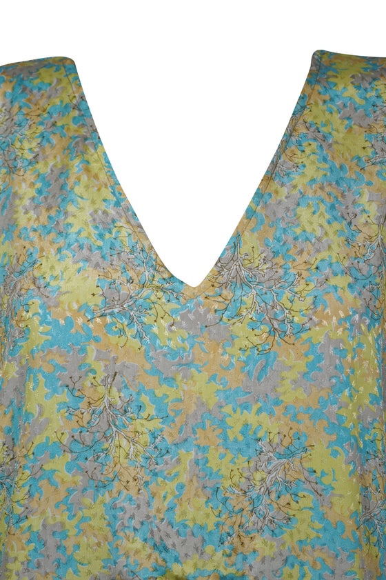 Womens Kaftan, Boho Maxi Dress, Sky Blue Yellow Floral Caftan, Recycle Sari, Caftan L-2XL