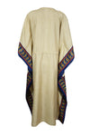 Womens Kaftan Maxi Dress, Beige Dark Blue Printed Dresses, Gift For Mom, Coverup, Recycle Silk Lightweight Kaftan L-2XL