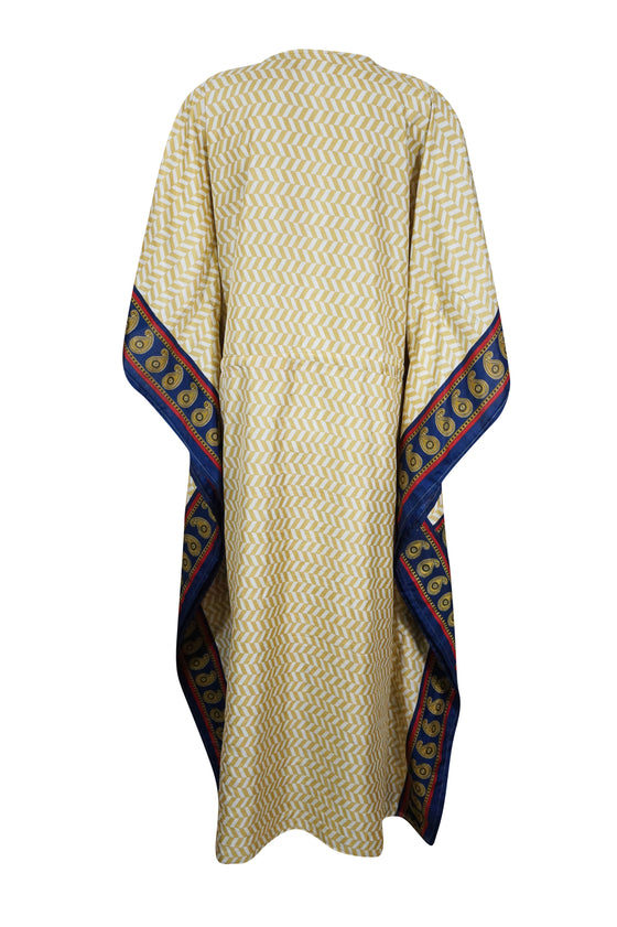 Womens Kaftan Maxi Dress, Beige Dark Blue Printed Dresses, Gift For Mom, Coverup, Recycle Silk Lightweight Kaftan L-2XL