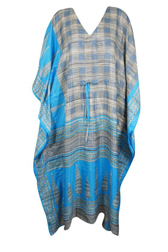 Womens Maxi Kaftan Dress, Recycle Silk, Sky Blue Gray Caftan, Lounger L-2XL