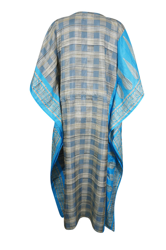 Womens Maxi Kaftan Dress, Recycle Silk, Sky Blue Gray Caftan, Lounger L-2XL