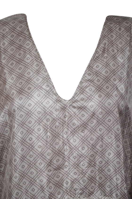 Women's Kaftan Maxi Dresses, Gray Sea Blue Printed Dresses, Gift For Mom, Recycle Sari, Caftan, Beach Cover Up L-2XL One size