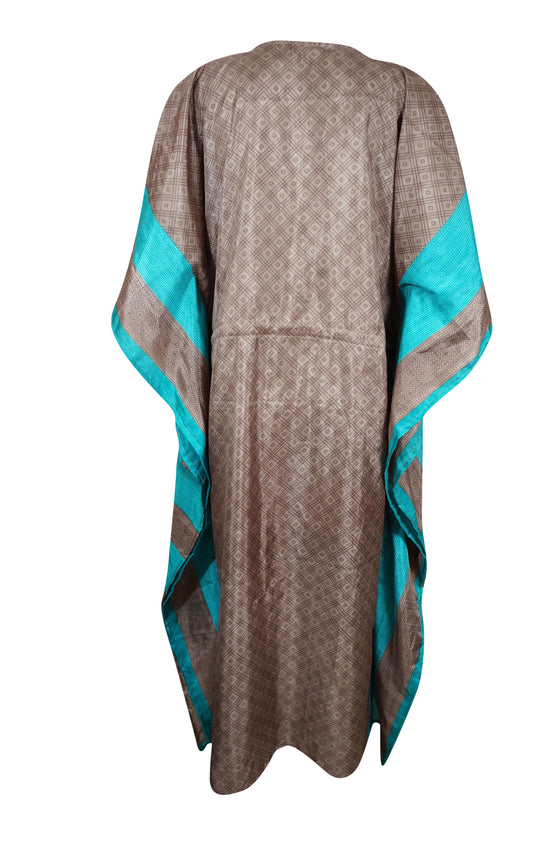 Women's Kaftan Maxi Dresses, Gray Sea Blue Printed Dresses, Gift For Mom, Recycle Sari, Caftan, Beach Cover Up L-2XL One size