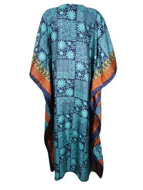 Womens Kaftan Dresses Orange Sea Blue Floral Printed Dresses L-2XL