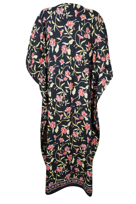 Womens Black Floral Kimono Caftan, Leisure, Summer, Beach Coverup Dresses 2XL