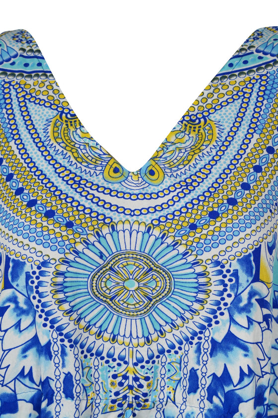 Womens Maxi Kaftan Dress, Bohemian Blue Jewel Print Kimono Caftan Dresses Beach 2XL
