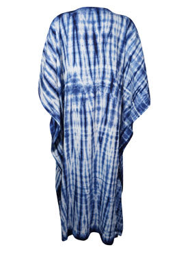 Women's Blue & White Bohemian Maxi Kaftan – Long Beach Caftan Dress  L-3XL,