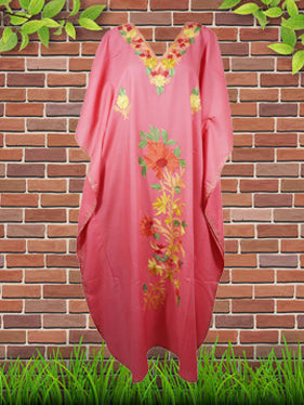 Women Floral Caftan Maxi Dress, Pink Embroidered L-3XL