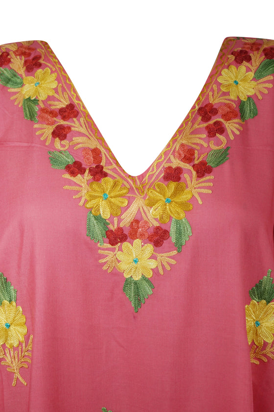 Women Floral Caftan Maxi Dress, Pink Embroidered L-3XL