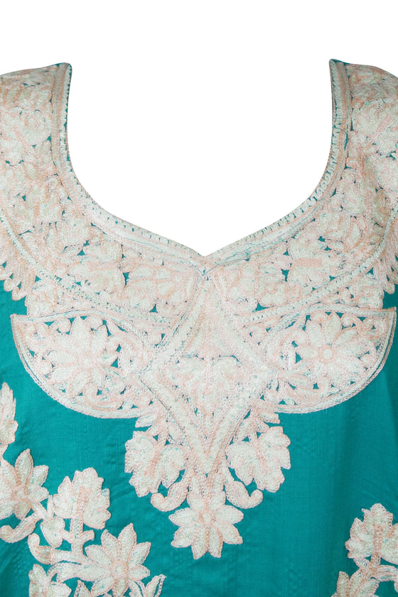 Womens Caftan Dress, Handmade Teal Blue L-3XL