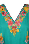Sea Green Embroidered Cotton Maxi Kaftan Dress for Women  L-3XL