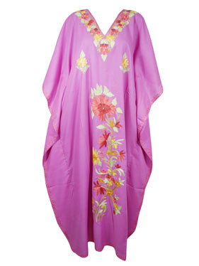 Womens Kaftan Maxi Dress Pink Cotton Embroidered Long Maxi Caftan L-3XL