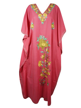 Pink Kaftan Maxi Dress Embroidered Caftan Housedress L-3XL