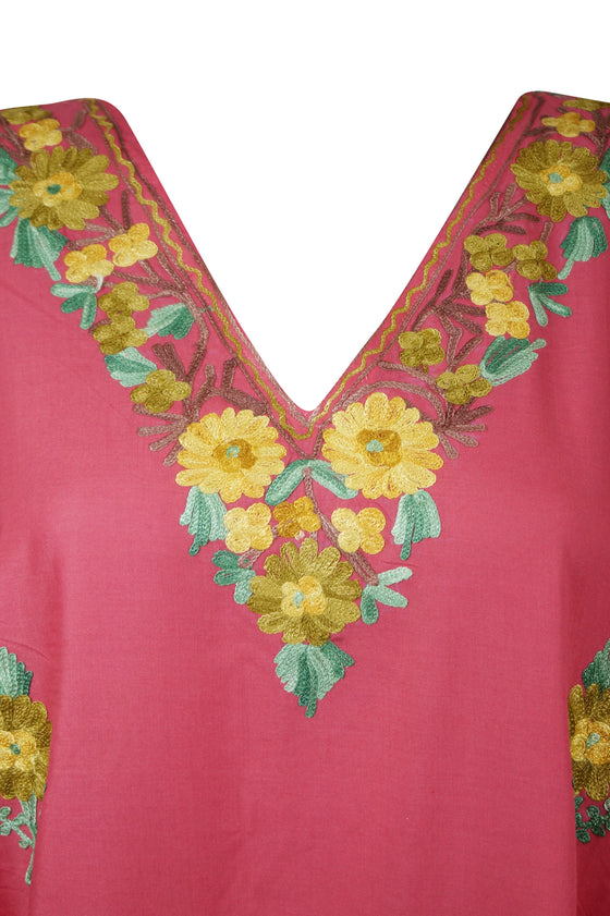 Pink Kaftan Maxi Dress Embroidered Caftan Housedress L-3XL