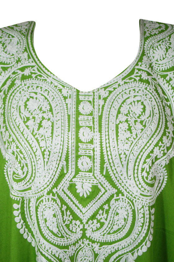 Green Embroidered Caftan Dress, cotton caftan  L-3X