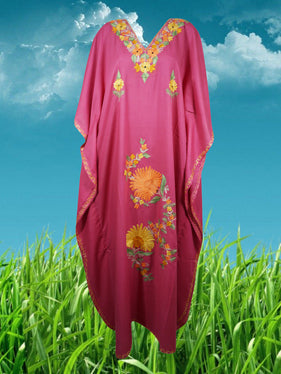 Womens Maxi Kaftan, Pink Embroidered Dress L-3XL