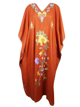 Women's Kaftan Maxi Dress, Embroidered Orange Caftan L-3XL