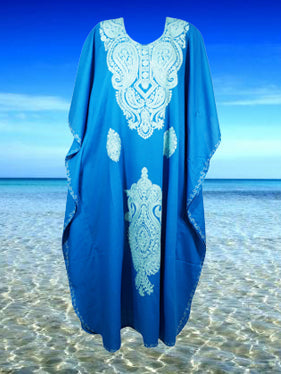 Womens Kaftan Maxi Dress, Embroidered Blue Caftan  L-2XL