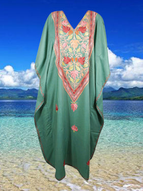 Women's Kaftan Maxi Dress, Green Embroidered  Caftans L-2XL