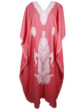 Womens Kaftan Maxi Dress, Pink Floral Embroidered Dresses L-2XL