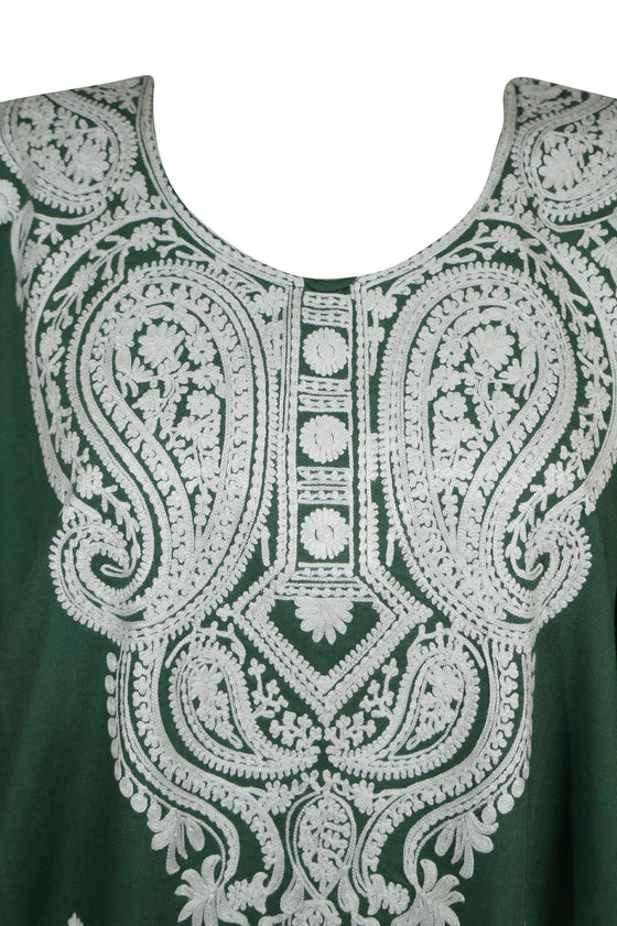 Women's Kaftan Maxi Dress, Green White Boho Caftans L-2XL