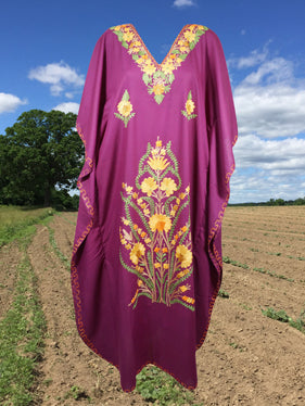 Women's Kaftan Maxi Dress, Purple Embroidered Caftans L-2XL