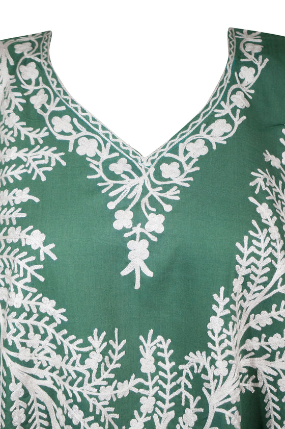 Women's Kaftan Maxi Dress Green Embroidered Caftan L-2X
