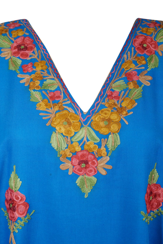 Women's Kaftan Maxi Dress, Blue Boho Embroidered  Caftans L-2XL