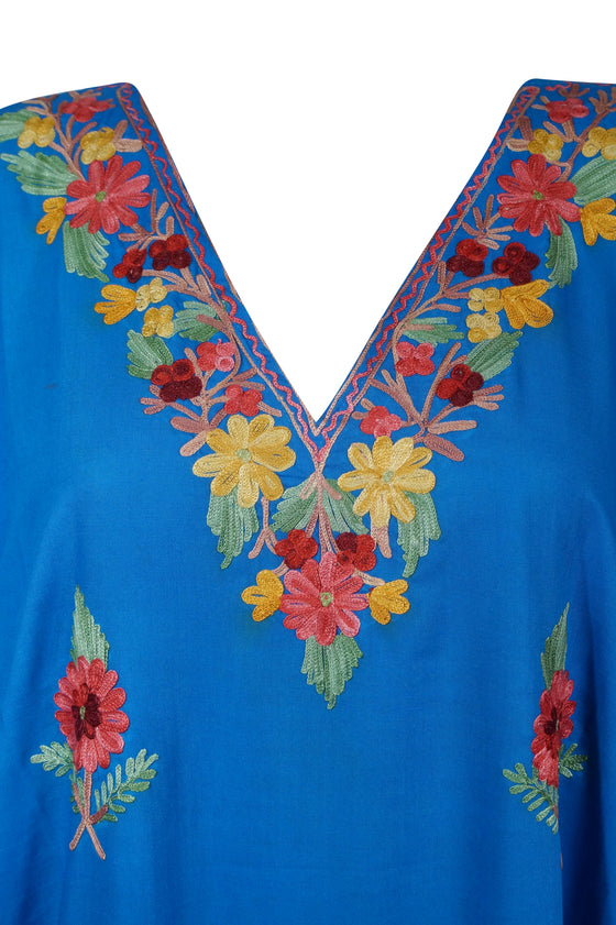 Womens Kaftan Maxi Dress Blue Embroidered Dresses L-2XL