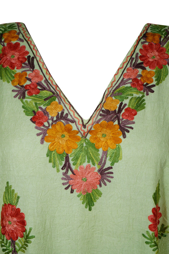 Womens Maxi Kaftan Dresses, Green Embroidered Dress L-2XL