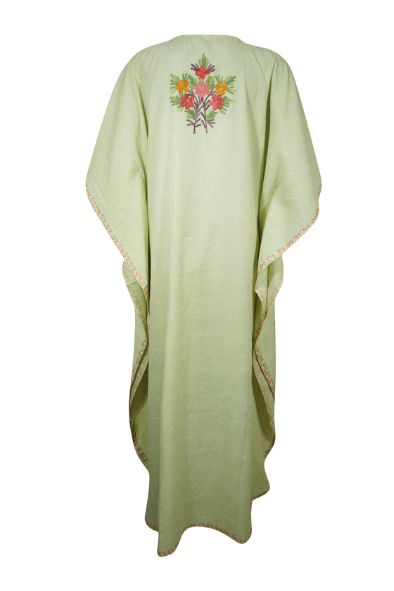 Womens Maxi Kaftan Dresses, Green Embroidered Dress L-2XL