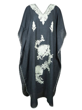 Womens Maxi Kaftan Dresses, Black Embroidered Dress L-2XL