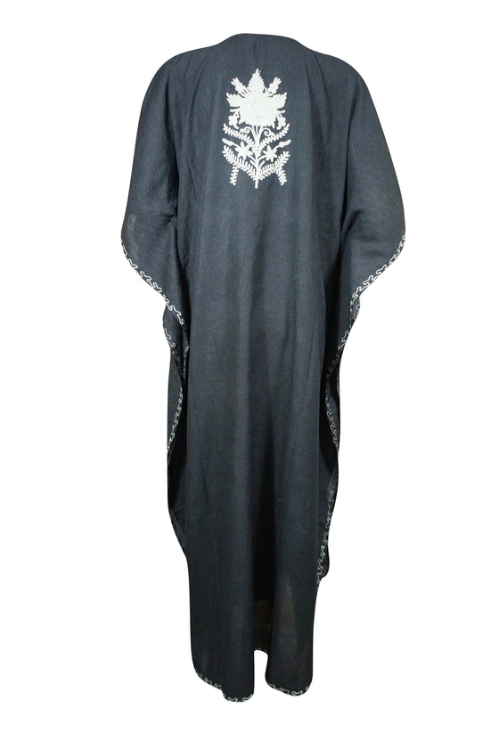 Womens Maxi Kaftan Dresses, Black Embroidered Dress L-2XL