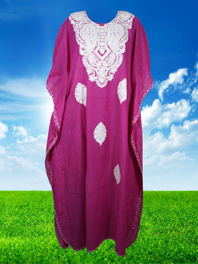 Women's Kaftan Maxi Dress, Ruby Pink Embroidered Caftans L-2XL