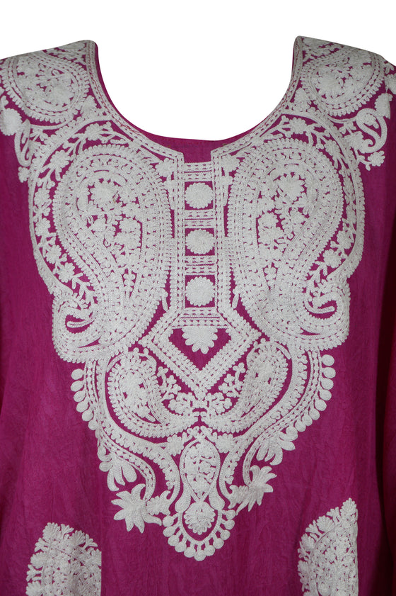 Women's Kaftan Maxi Dress, Ruby Pink Embroidered Caftans L-2XL