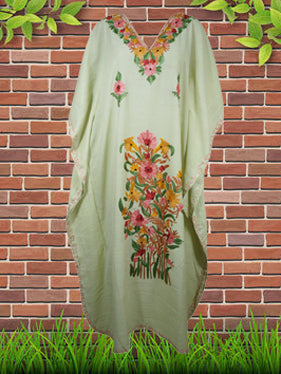 Womens Caftan Dress Green Floral Embroidered Kaftan L-2XL