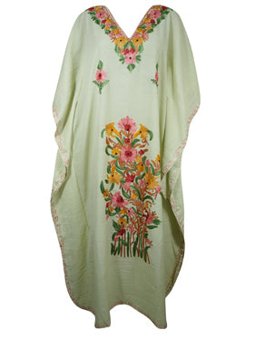 Womens Caftan Dress Green Floral Embroidered Kaftan L-2XL