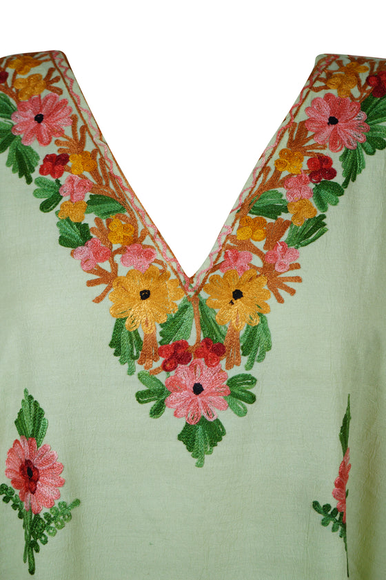 Womens Caftan Dress Green Floral Embroidered Kaftan L-2XL