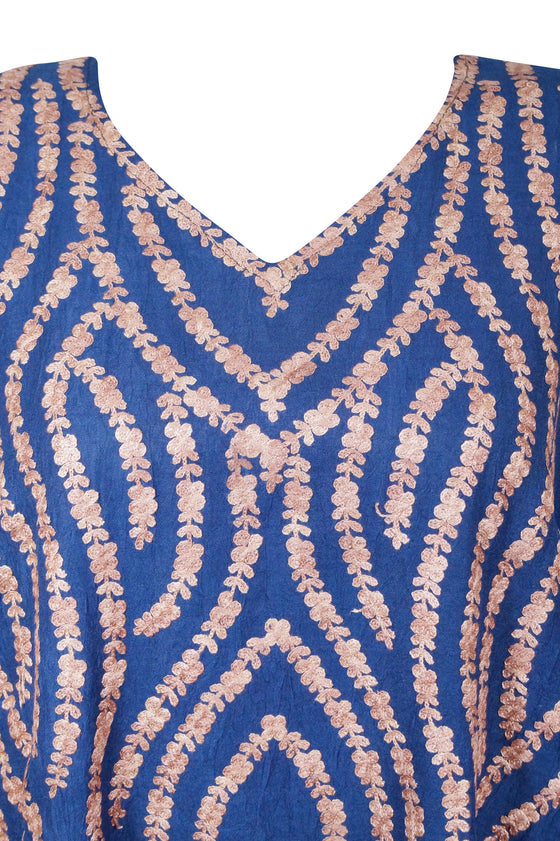 Women's Kaftan Maxi Dress, Blue Embroidered Caftans L-2XL