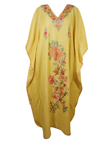  Women's Kaftan Maxi Dress, Yellow Cotton Embroidered Caftan L-2XL