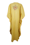 Women's Kaftan Maxi Dress, Yellow Cotton Embroidered Caftan L-2XL