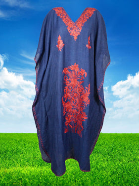 Women's Kaftan Maxi Dress Blue Beach Embroidered Caftans L-2XL