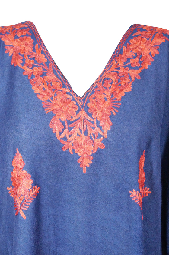 Women's Kaftan Maxi Dress Blue Beach Embroidered Caftans L-2XL
