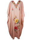 Women's Kaftan Maxi Dress, Pink Embroidered L-2XL
