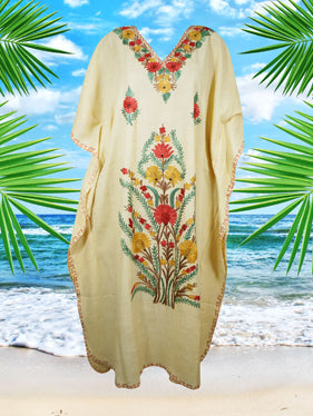 Yellow Maxidress, Floral Embroidered Resort Kaftan Dresses L-2XL