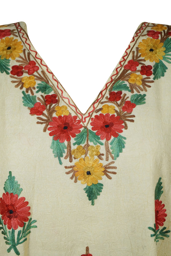 Yellow Maxidress, Floral Embroidered Resort Kaftan Dresses L-2XL