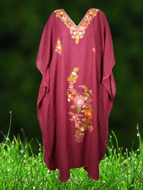 Women's Kaftan Maxi Dress Carmine Pink  Floral Embroidered Caftans L-2XL